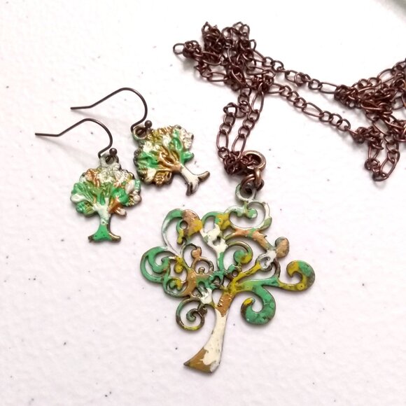 Tree of Life! Patina Painted Bronze Necklace & Earrings Set | Autumn Fall Colors - Picture 10 of 10